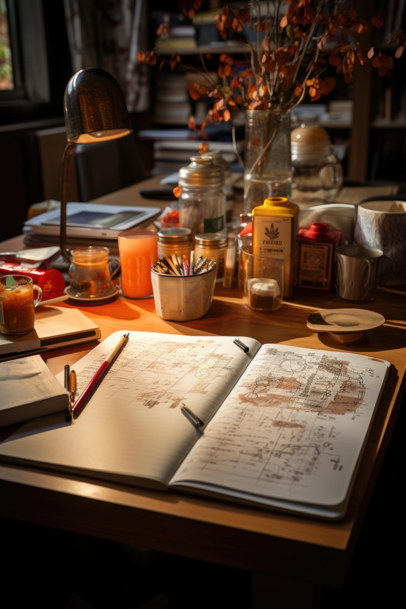 Notebook with menu planning sketches and tasting notes